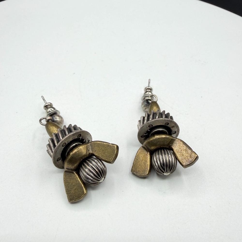 Mixed Metal Sculptural Dangle Earrings Brass Silver & Tone Steampunk Statement